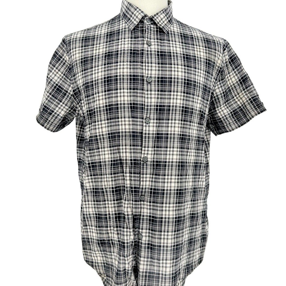 Mens Black Plaid Western Cotton Short Sleeve Collared Dress Shirt L Workwear - Picture 1 of 7